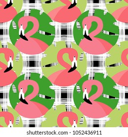 Seamless vector background with pattern of Pink Flamingos. Pattern with Palm leaves. Polka dot. Textile rapport.