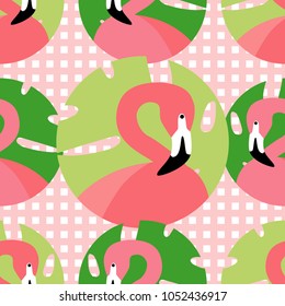 Seamless vector background with pattern of Pink Flamingos. Pattern with Palm leaves. Polka dot. Textile rapport.