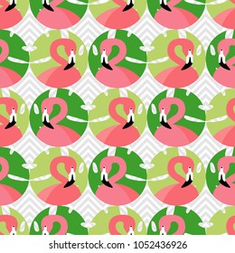 Seamless vector background with pattern of Pink Flamingos. Pattern with Palm leaves. Polka dot. Textile rapport.