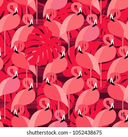 Seamless vector background with pattern of Pink Flamingos. Pattern with Palm leaves. Polka dot. Textile rapport.