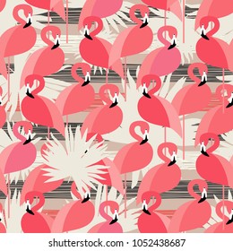 Seamless vector background with pattern of Pink Flamingos. Pattern with Palm leaves. Polka dot. Textile rapport.