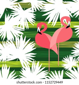 Seamless vector background with pattern of Pink Flamingos. Pattern with Palm leaves. Textile rapport.