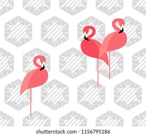 Seamless vector background with pattern of Pink Flamingos. Pattern with Palm leaves. The shapes of hexagons. Textile rapport.