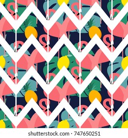 Seamless vector background with pattern of Pink Flamingos. Zigzag texture. Textile rapport.