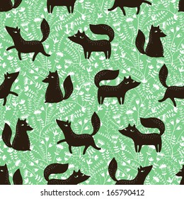 Seamless vector background. Pattern with silhouette of sly foxes and floral elements. Useful for packaging, wrapping paper, wallpaper, fabric, fashion, home decor, etc.