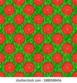 Seamless Vector Background pattern of sliced tomatoes on green leaves on square format suitable for wrapping paper, wallpaper, textile.