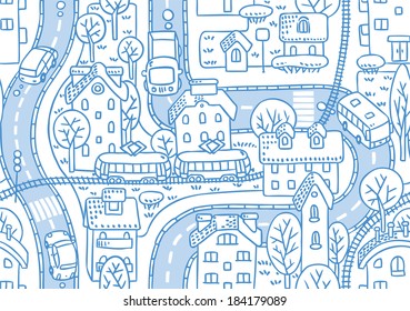 Seamless vector background pattern with streets, tram rails, roads, houses and trees