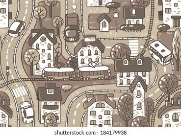 Seamless vector background pattern with streets, tram rails, roads, houses and trees