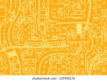 Seamless vector background pattern with streets, tram rails, roads, houses and trees