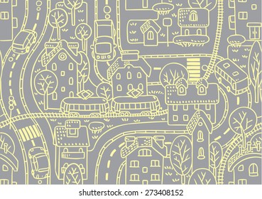 Seamless vector background pattern with streets, tram rails, roads, houses and trees