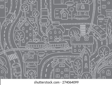 Seamless vector background pattern with streets, tram rails, roads, houses and trees