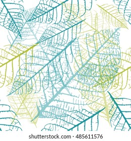 A seamless vector background pattern of teal blue and green skeleton leaves on white background, autumnal repeat print