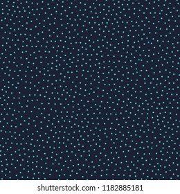 Seamless vector background pattern of tiny aqua dots on indigo blue background. Scattered points of light look like a starry sky. Dots are randomized, has organic feel. Simplified, scattered, pretty. 