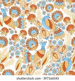 Seamless vector background pattern in traditional folk floral ornament in pastel colors. Ethnic template for fabric, textile, cloth, print, greeting card, wallpaper.