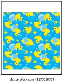Seamless vector background pattern of yellow rubber ducks on a textured blue background arranged in rows of alternating icons facing up and down in square format for print, textile and wallpaper