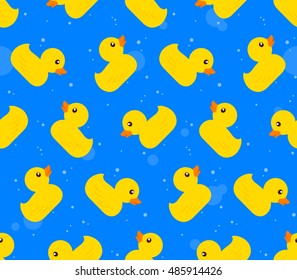 Patrón de fondo vectorial de los patos de caucho amarillos sobre un fondo azul texturado organizado en filas de iconos alternados hacia arriba y hacia abajo en formato cuadrado para papel impreso, textil y papel pintado