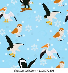Seamless vector background with a pelican, an owl, a seagull and a falcon on a blue background