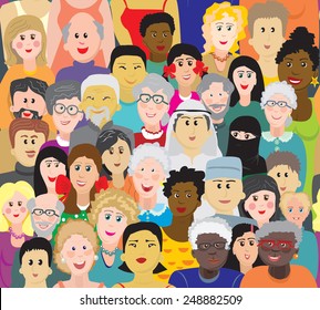 Seamless vector background with a picture of a crowd of people of different ages, races and nationalities. Joyful men, women, grandparents, boys, girls in colorful clothes.