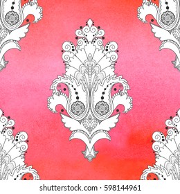 Seamless vector background with pink aquarell on backdrop. Hand drawing. Traditional eastern flowers. 