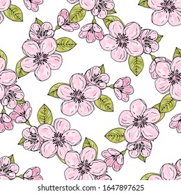 Seamless vector background with pink cherry flowers. Continuous pattern with romantic elements. Endless texture for the spring season. For various design, print.