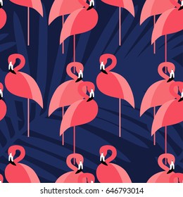 Seamless vector background. Pink Flamingo on a tropical background. Vector illustration.
