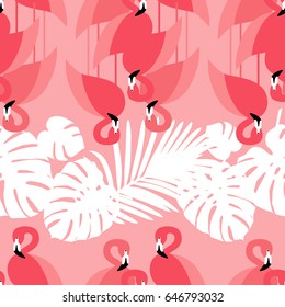 Seamless vector background. Pink Flamingo on a tropical background. Vector illustration.
