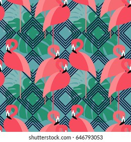 Seamless vector background. Pink Flamingo on a tropical background. Vector illustration.
