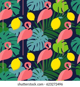 Seamless vector background with pink flamingos on a dark blue background.
