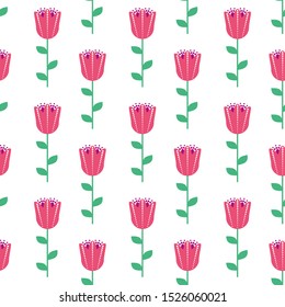 Seamless vector background with pink flowers. Floral pattern. Modern vector flat illustration of flowers with leaves.