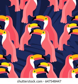 Seamless vector background. Pink toucans on a tropical background. Vector illustration.
