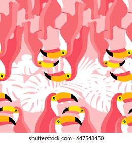 Seamless vector background. Pink toucans on a tropical background. Vector illustration.
