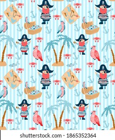 
Seamless vector background with pirate, parrot, treasure, island with palm trees and sea animals. Pattern for boys and girls. Children's drawing for a marine theme