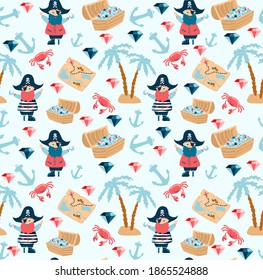 
Fondo vectorial sin mar con piratas, loro, tesoro, isla con palmeras y animales marinos. Patrón para niños y niñas. Dibujo infantil de temática marina