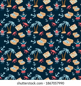 
Seamless vector background with pirate, parrot, treasure, island with palm trees and sea animals. Pattern for boys and girls. Children's drawing for a marine theme