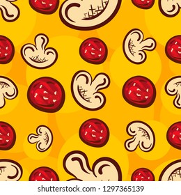 Seamless vector background of pizza ingredients template. Vector illustration with salami and mushrooms.