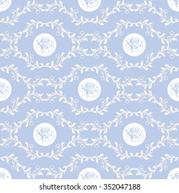 Seamless vector background with plant ornament and french roses.