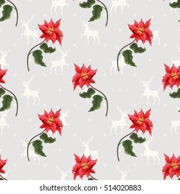 Seamless vector background. Poinsettia flowers. Deers on backdrop. Christmas collection. 
