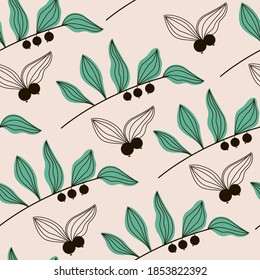 Seamless vector background with Polygonatum berries and leaves. Freehand drawing. Pattern on a light background, the contour of berries and leaves, green leaves. Fabric, gift wrap, decoration.