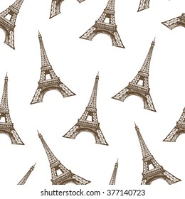 Seamless vector background with popular french landmark Eiffel Tower on white background