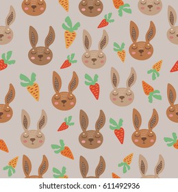 Seamless vector background with rabbits and carrots. Children's illustration, perfect for wallpapers, cards, clothes.