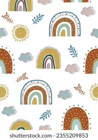 Seamless vector background with rainbows, clouds and sun. Cute print for printing on fabric, paper.