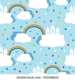 Seamless vector background with raindow castle and clouds in the blue sky. Seamless pattern, background, vector  texture  
