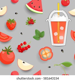 Seamless vector background. Red fruits and vegetables. Plastic cup with a straw and a drink. Paper cut art. 