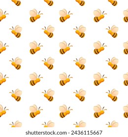 Seamless vector background with a repeating pattern of a flying bee on a white background. Yellow striped bumblebee, wasp. Suitable for wrapping paper, wallpaper, textiles.