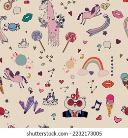 seamless vector background. retro style set, hand-drawn sketch, with cute elements for Valentine's day, weddings, children's parties. multicolored doodles in blue ink on a notebook sheet.