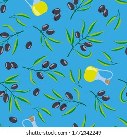 Seamless vector background with ripe black olives on a blue background. Packaging design for olive oil, Italian, Greek or Turkish cuisine, natural cosmetics. Wrapping paper, textile, wallpaper, web
