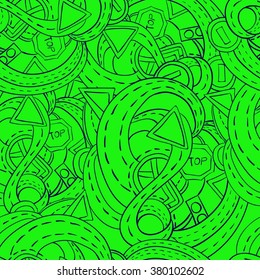 Seamless vector background. Road. Road signs. Travel.A child's drawing.