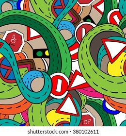 Seamless vector background. Road. Road signs. Travel.A child's drawing.