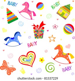  Seamless vector background with rocking horses. Colorful wallpaper pattern. Vector illustration