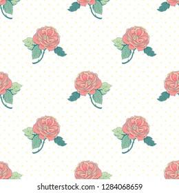 Seamless vector background from rose flowers and polka dots